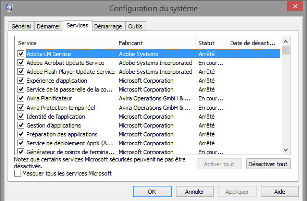 Outil Windows configuration du système